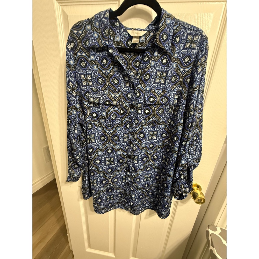 CJ Banks Blue Medallion Paisley Button Down Blouse Roll Tab Sleeve 1X